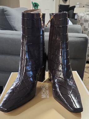 Michael Kors Croc-Embossed Dark Brown Leather Ankle Boots with Gold Zips